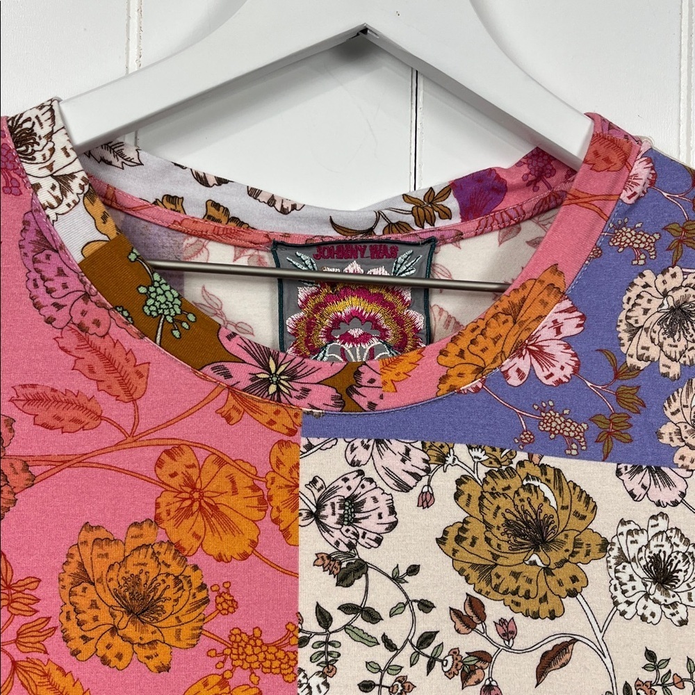 Johnny Was Multicolor Patchwork Tee S Vibrant Colors Banded Crewneck Soft EUC - Picture 3 of 10